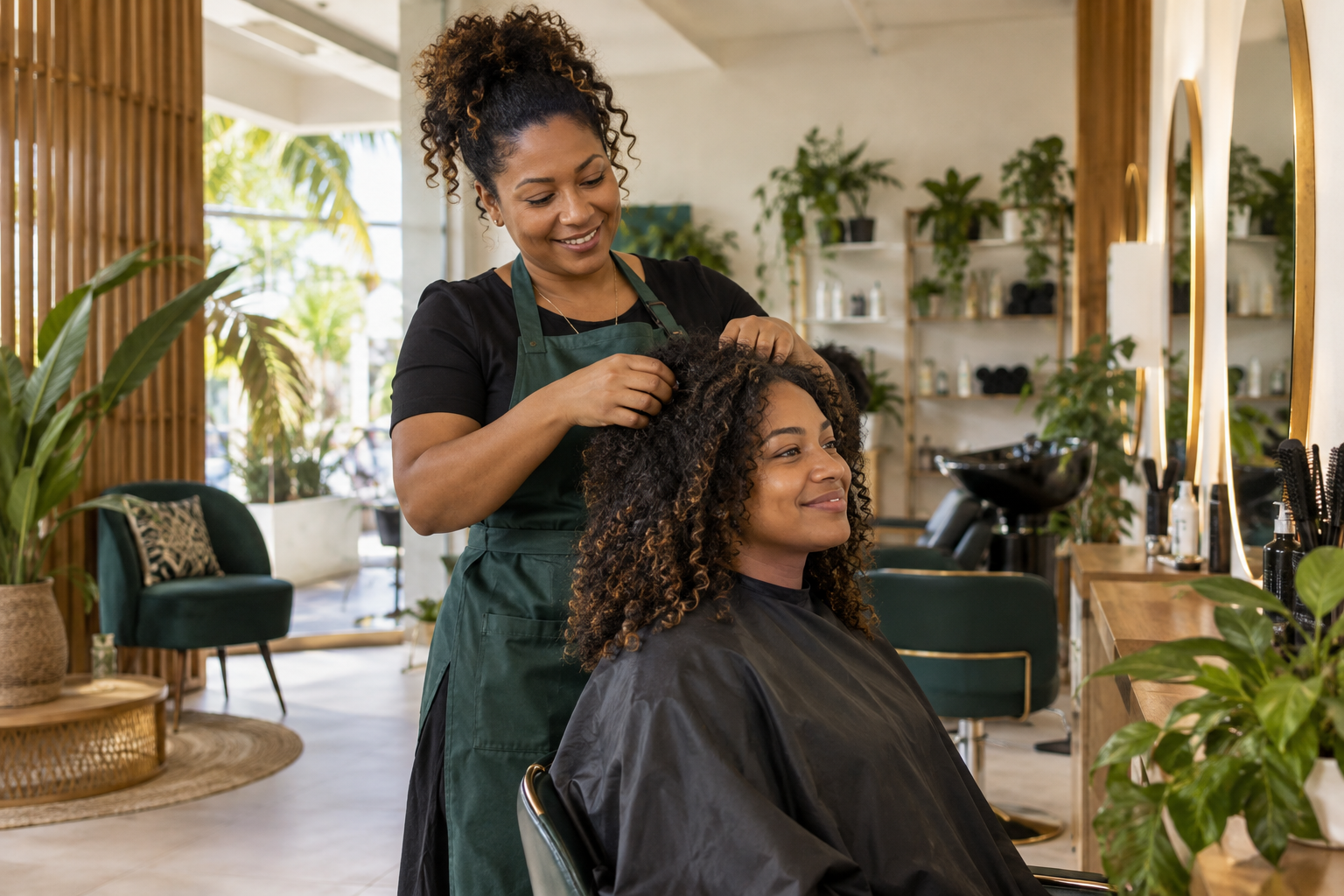 Een salononderneemster die met aandacht het haar van haar klant verzorgt